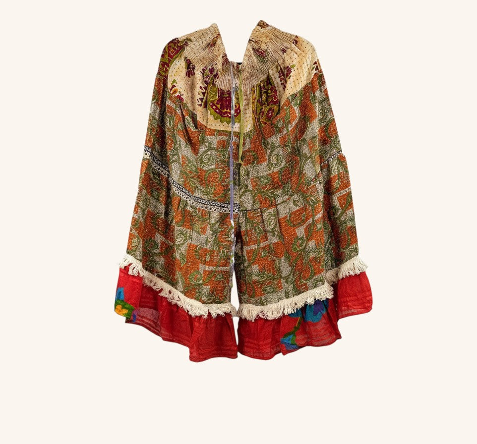 She Lives Beauty Tribal Soul Kantha bloomers made from vintage cotton saris with fringe hem and elastic waistband.