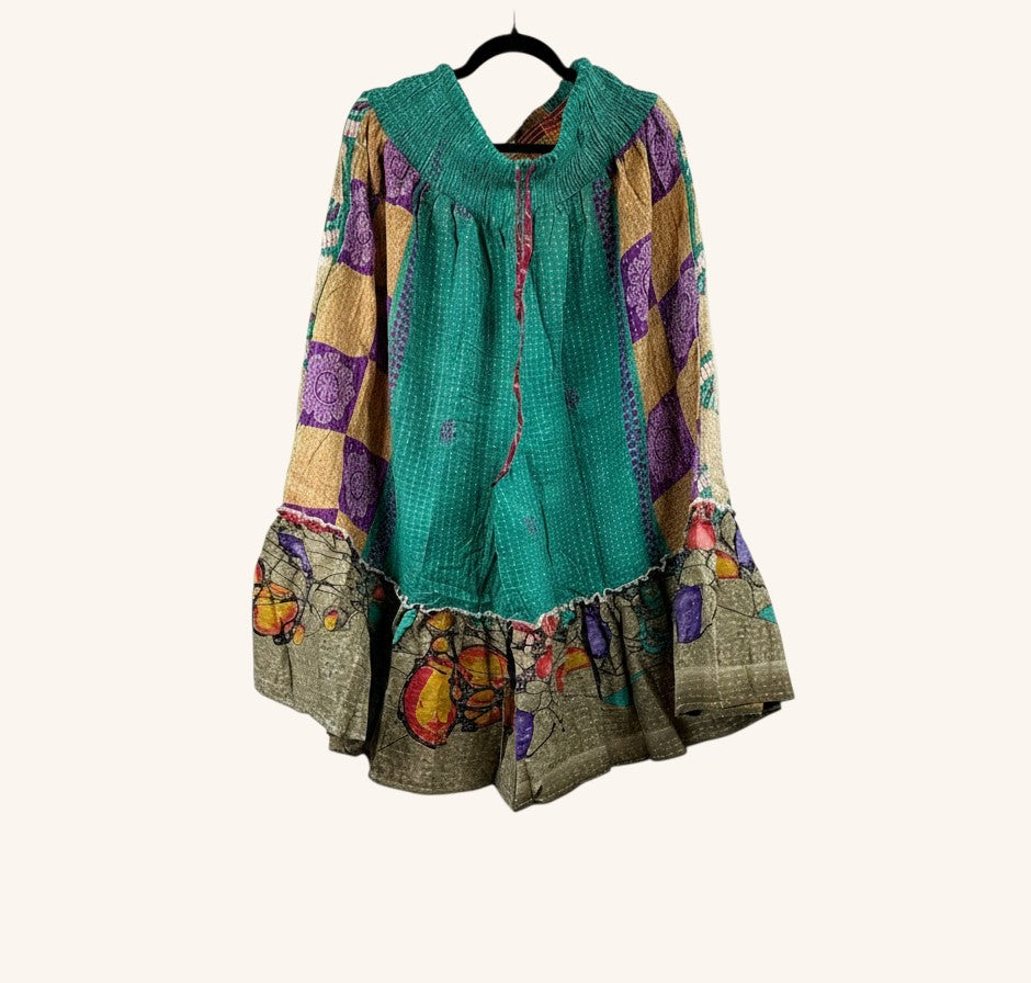 She Lives Beauty Anything for Selenas bloomers in vintage kantha cotton with green, purple, and gold patchwork ruffles