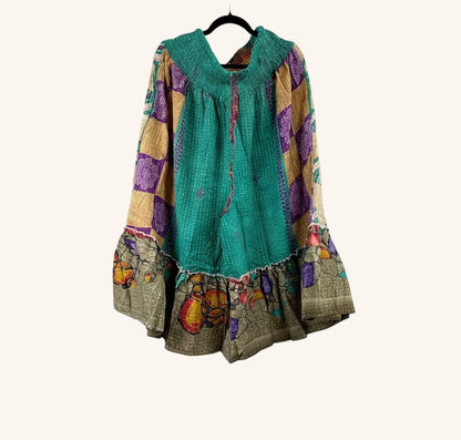 She Lives Beauty Anything for Selenas bloomers in vintage kantha cotton with green, purple, and gold patchwork ruffles