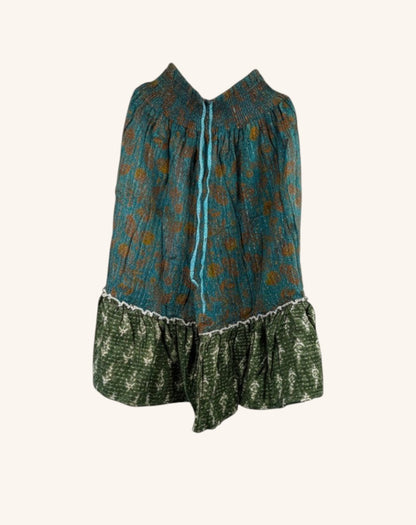 She Lives Beauty Anything for Selenas bloomers in teal and green vintage kantha cotton with a ruffled hem.