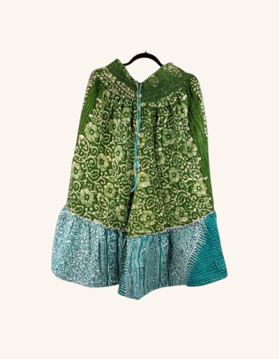 She Lives Beauty Anything for Selenas Bloomers in green and teal vintage Kantha cotton with an oversized ruffle hem.