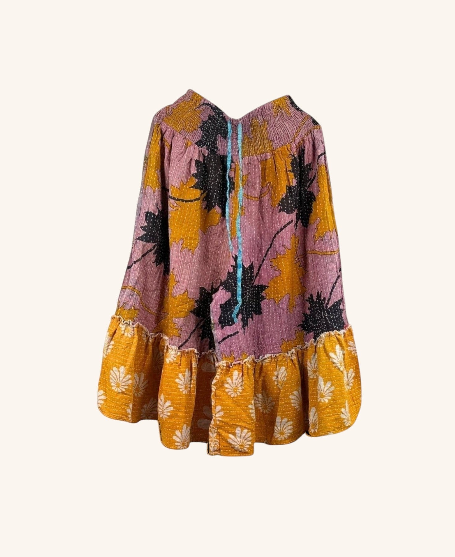 She Lives Beauty Anything for Selenas Bloomers in pink and yellow vintage kantha cotton with a ruffled hem