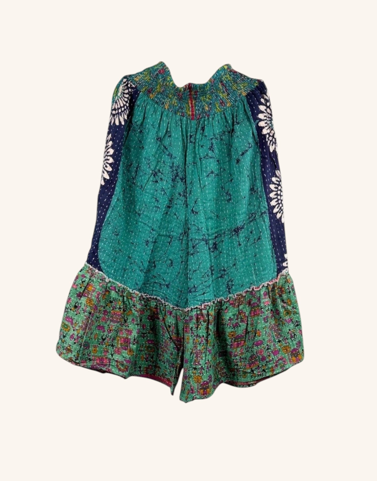 She Lives Beauty Anything for Selenas bloomers in teal and green vintage kantha cotton with an oversized ruffle hem.