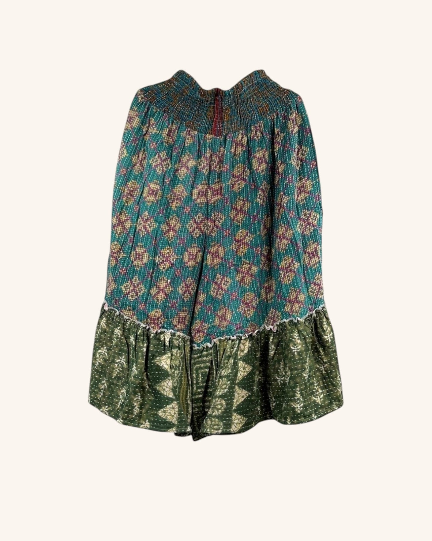 She Lives Beauty Anything for Selenas Bloomers in teal and olive vintage kantha cotton with an oversized ruffle hem.