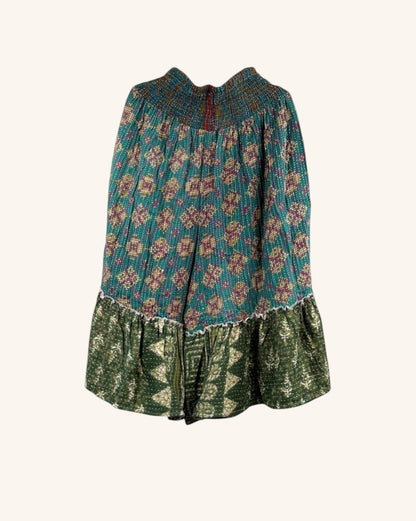 She Lives Beauty Anything for Selenas Bloomers in teal and olive vintage kantha cotton with an oversized ruffle hem.