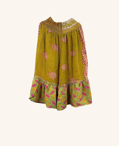 She Lives Beauty Anything for Selenas Bloomers in olive green vintage kantha cotton with a ruffled hem