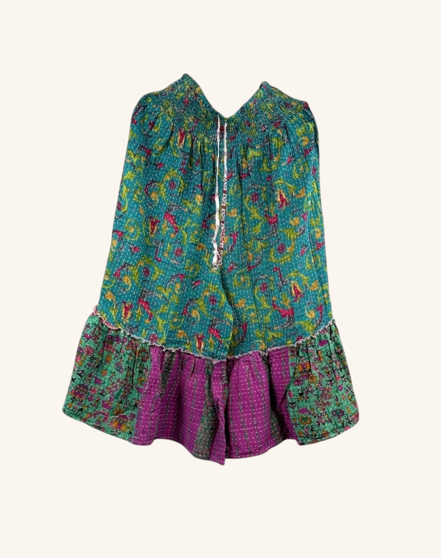 She Lives Beauty Anything for Selenas bloomers in teal and purple vintage kantha cotton with a ruffled hem.