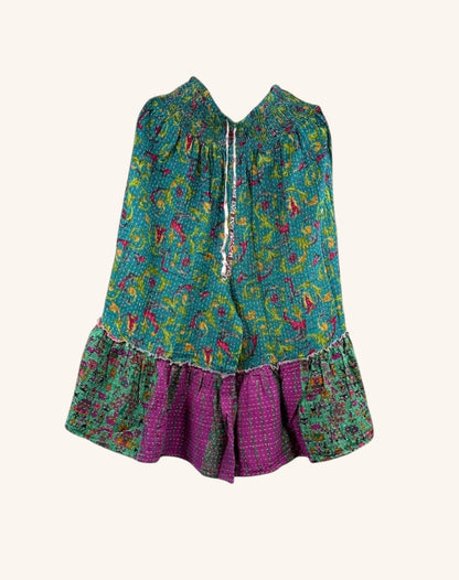 She Lives Beauty Anything for Selenas bloomers in teal and purple vintage kantha cotton with a ruffled hem.