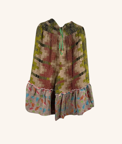 She Lives Beauty Anything for Selenas Bloomers in vintage kantha cotton with a ruffled hem and geometric print.