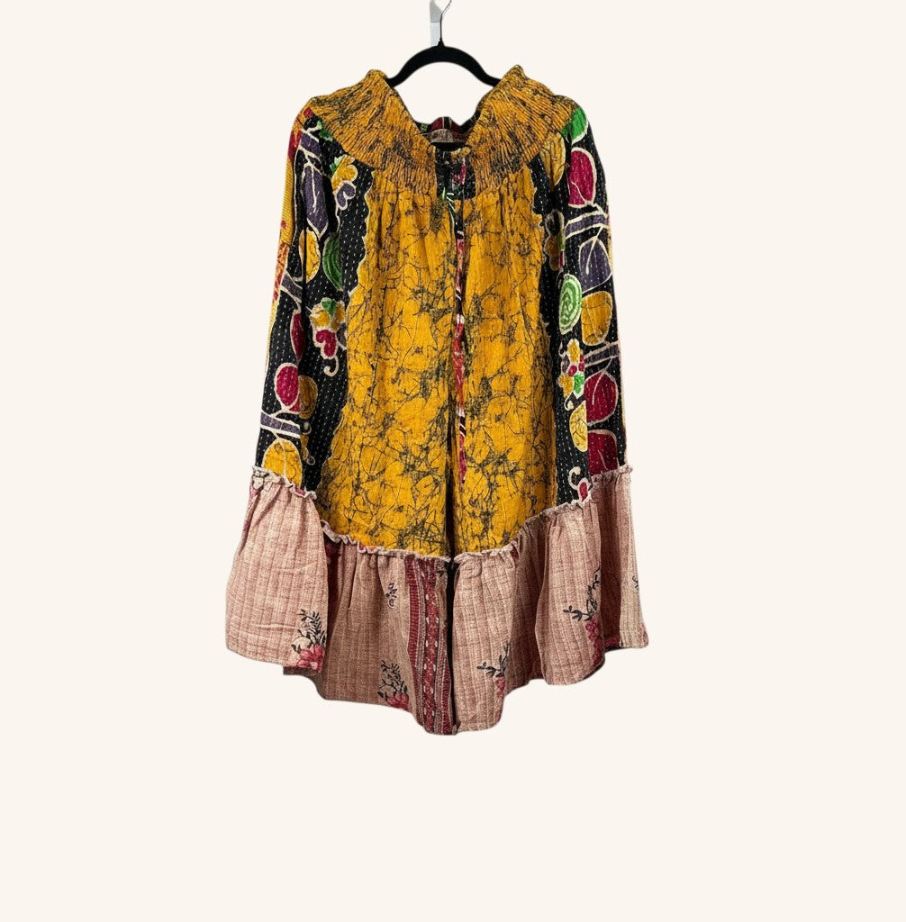 She Lives Beauty Anything for Selenas bloomers in vintage kantha cotton with yellow, black, and floral ruffle hem.