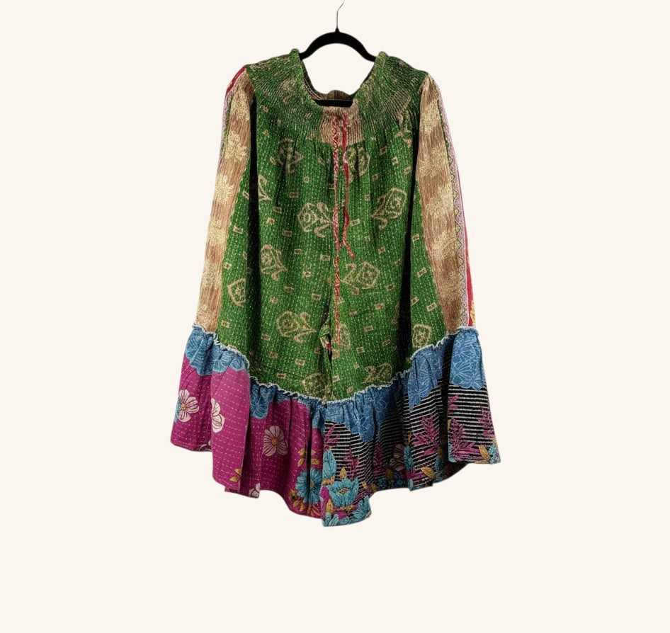 She Lives Beauty Anything for Selenas bloomers in vintage kantha cotton with green, pink, and floral patchwork ruffles.