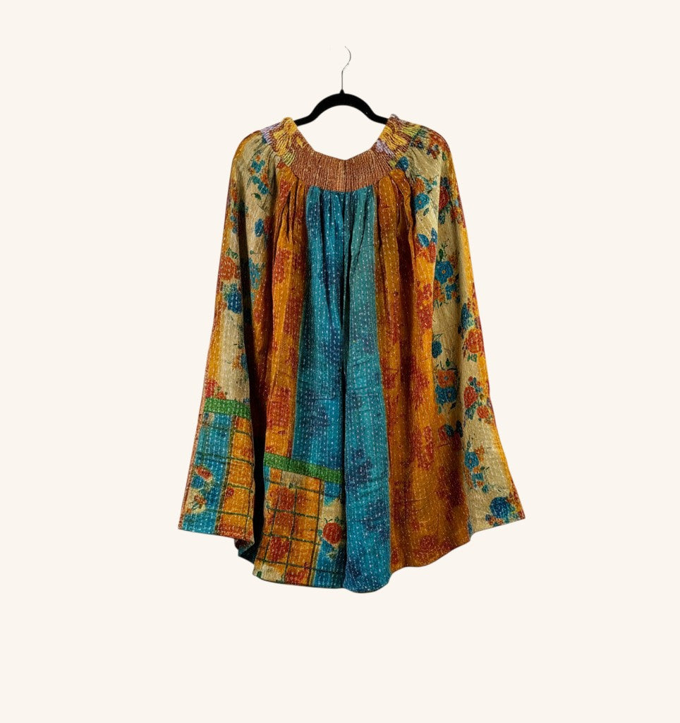 She Lives Beauty Pachuco Kantha capri pants made from colorful vintage cotton saris with pleats and a relaxed fit.