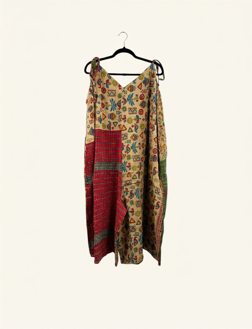 She Lives Beauty Sacred Journey Kantha jumpsuit made from vintage cotton with colorful patterned patchwork and pockets