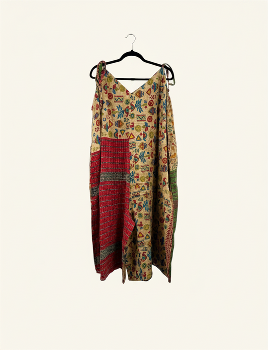 She Lives Beauty Sacred Journey Kantha jumpsuit made from vintage cotton with colorful patterned patchwork and pockets