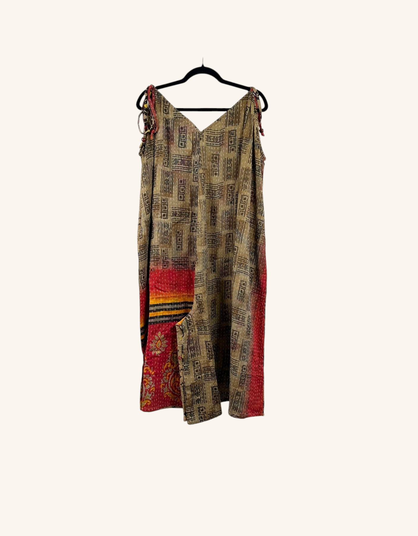 She Lives Beauty Sacred Journey Kantha Jumpsuit in vintage cotton with geometric patterns and red accent panels