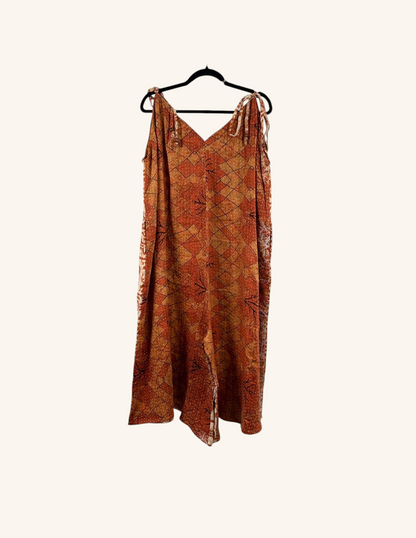 She Lives Beauty Sacred Journey Kantha jumpsuit in orange vintage cotton with adjustable straps and relaxed fit