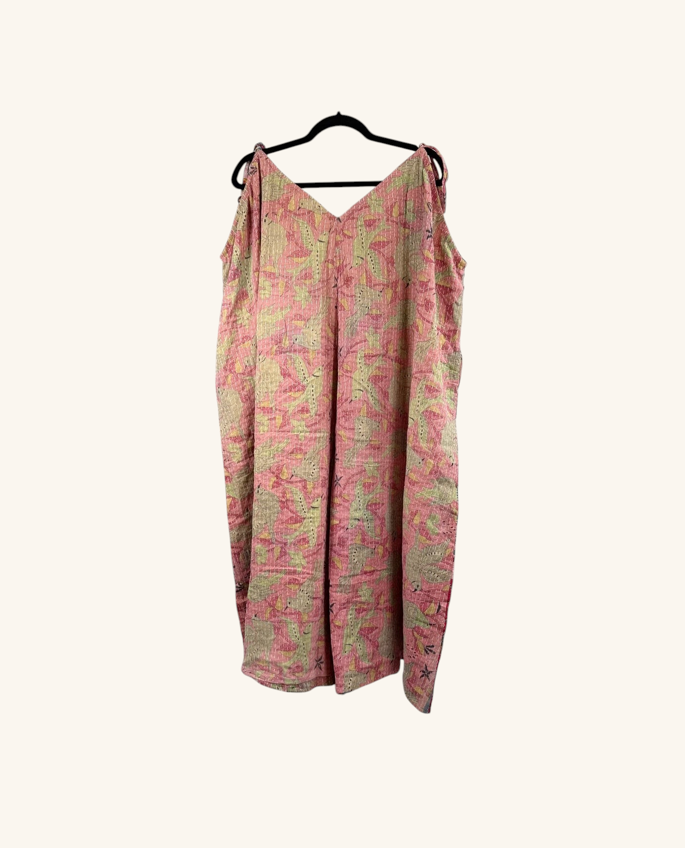 She Lives Beauty Sacred Journey Kantha jumpsuit in pink and beige vintage cotton with adjustable straps and pockets