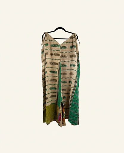 She Lives Beauty Sacred Journey Kantha Jumpsuit in vintage cotton with green and tan patterned stitching