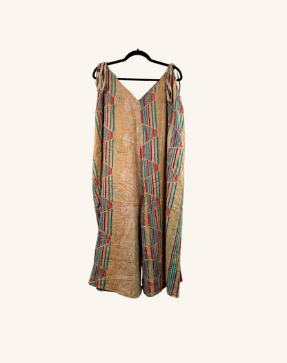 She Lives Beauty Sacred Journey Kantha jumpsuit in vintage cotton with geometric patterns and adjustable straps