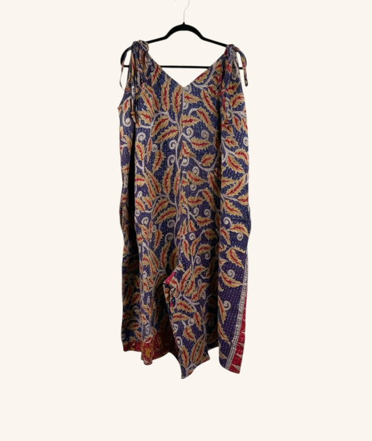 She Lives Beauty Sacred Journey Kantha jumpsuit in vintage cotton with blue and red floral patterns and adjustable straps.
