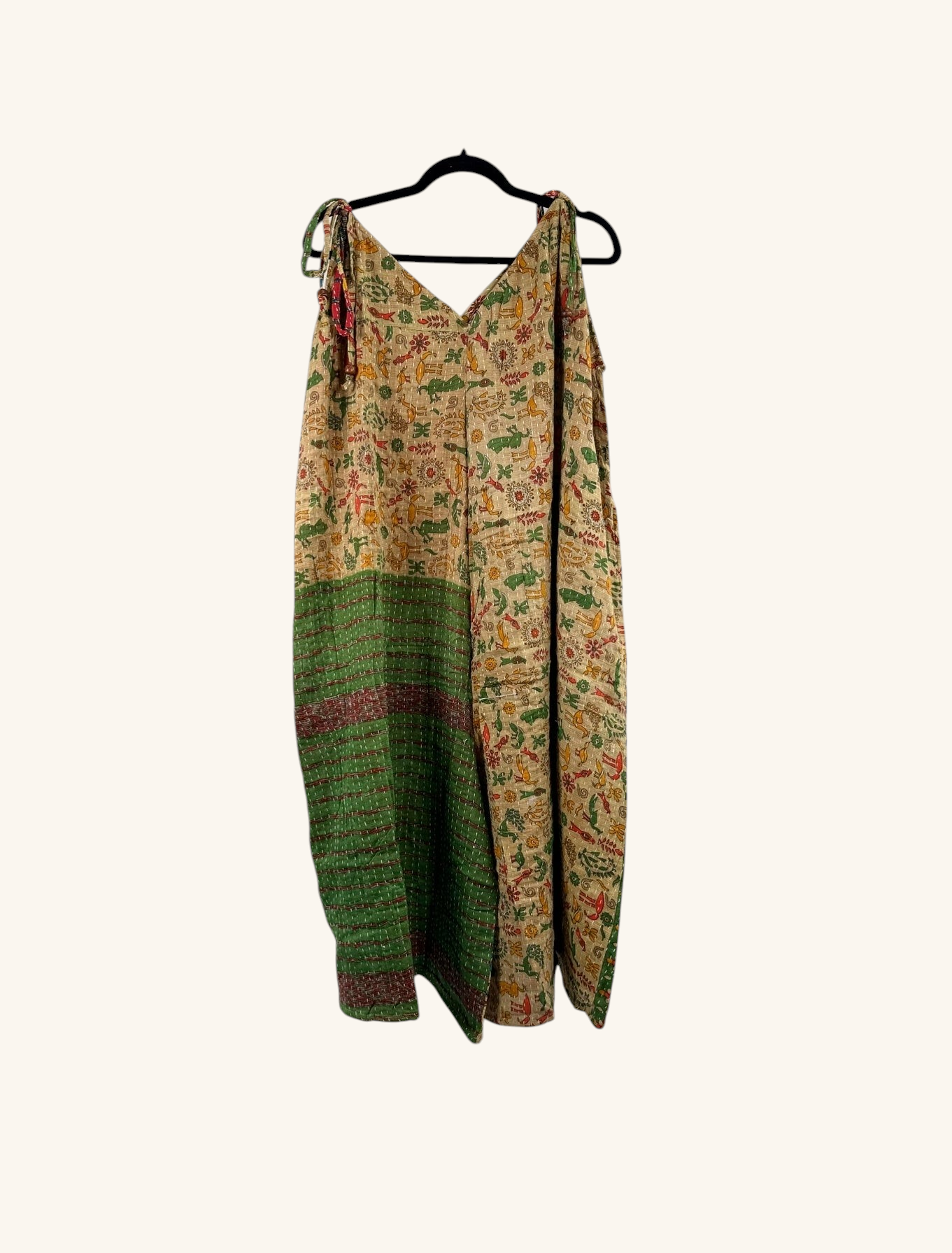 She Lives Beauty Sacred Journey Kantha jumpsuit in vintage cotton with green and tan patterned patchwork design