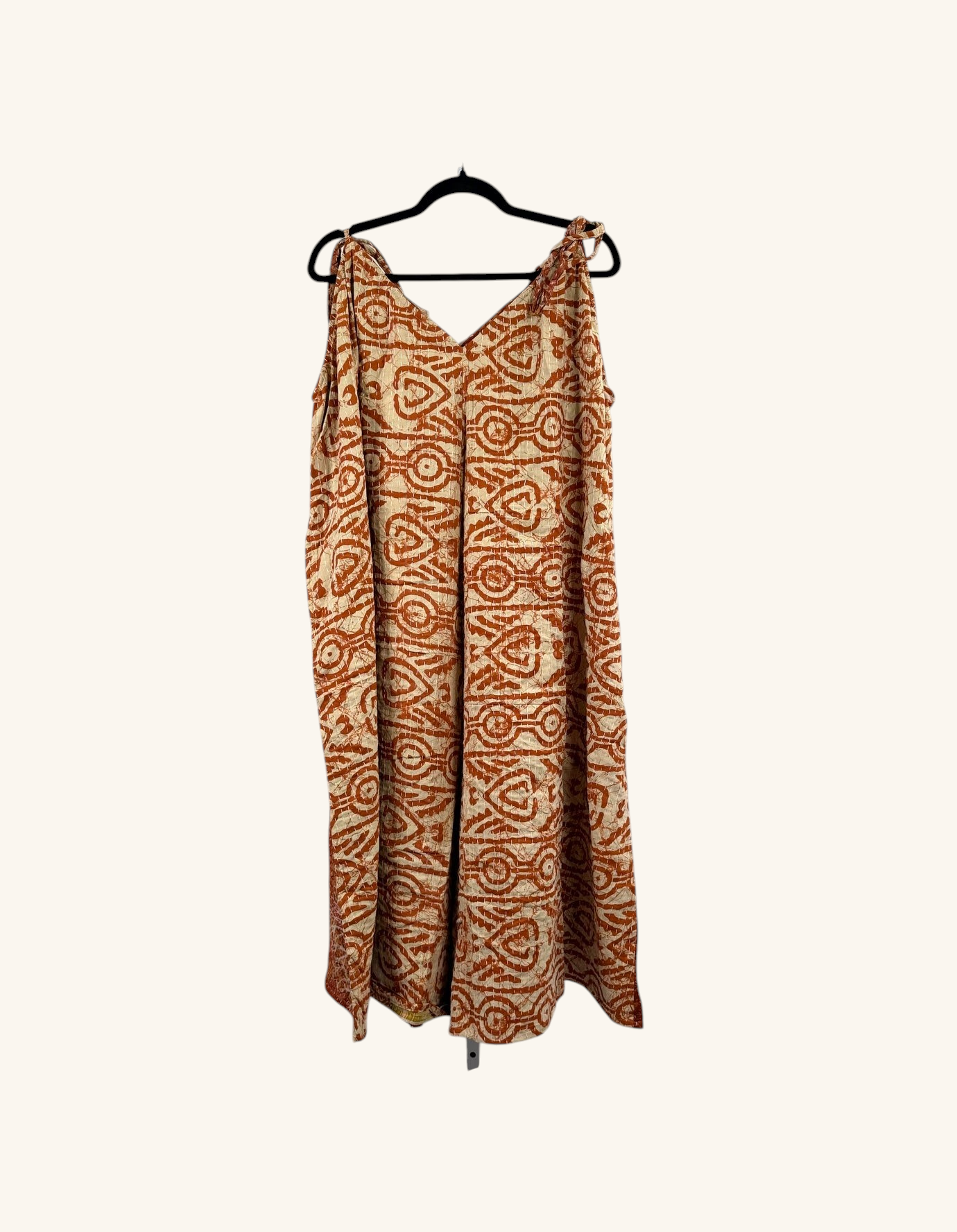 She Lives Beauty Sacred Journey Kantha jumpsuit in orange and cream vintage cotton with geometric patterns