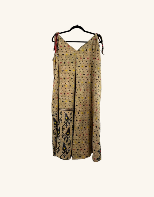 She Lives Beauty Sacred Journey Kantha jumpsuit in beige vintage cotton with colorful geometric embroidery and ties.