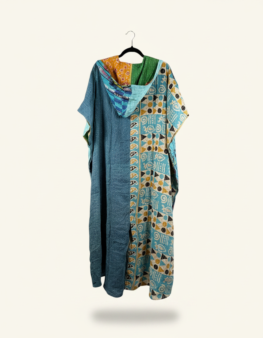 She Lives Beauty Petite Dahlia jumpsuit made from vintage kantha cotton saris with a hooded, multicolored design.