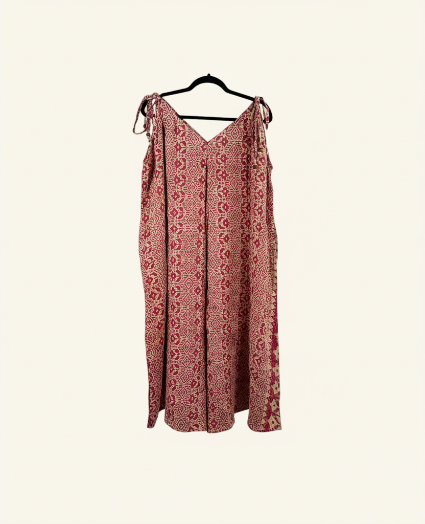 She Lives Beauty Sacred Journey Kantha jumpsuit in red vintage cotton with adjustable straps and side pockets.
