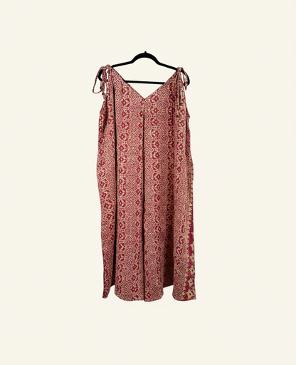 She Lives Beauty Sacred Journey Kantha jumpsuit in red vintage cotton with adjustable straps and side pockets.
