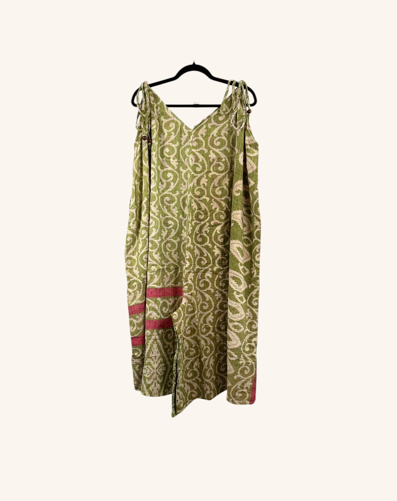 She Lives Beauty Sacred Journey Kantha jumpsuit in green vintage cotton with adjustable straps and side pockets