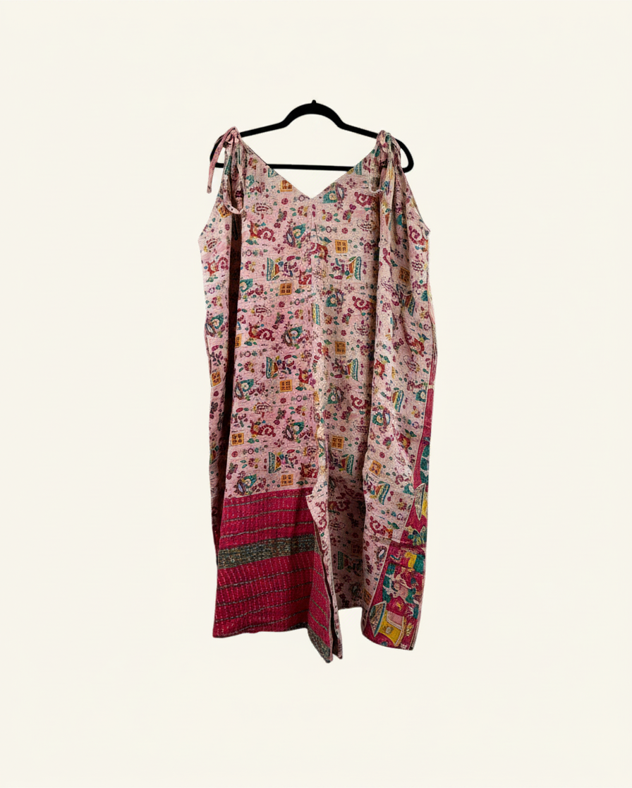 She Lives Beauty Sacred Journey Kantha jumpsuit in vintage pink cotton with intricate patterns and adjustable straps.