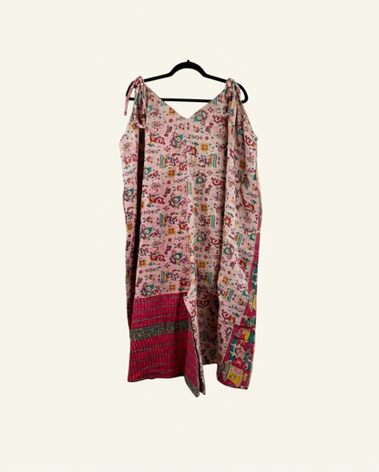 She Lives Beauty Sacred Journey Kantha jumpsuit in vintage pink cotton with intricate patterns and adjustable straps.