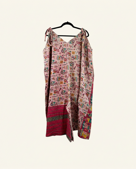 She Lives Beauty Sacred Journey Kantha jumpsuit in vintage pink cotton with intricate patterns and adjustable straps.