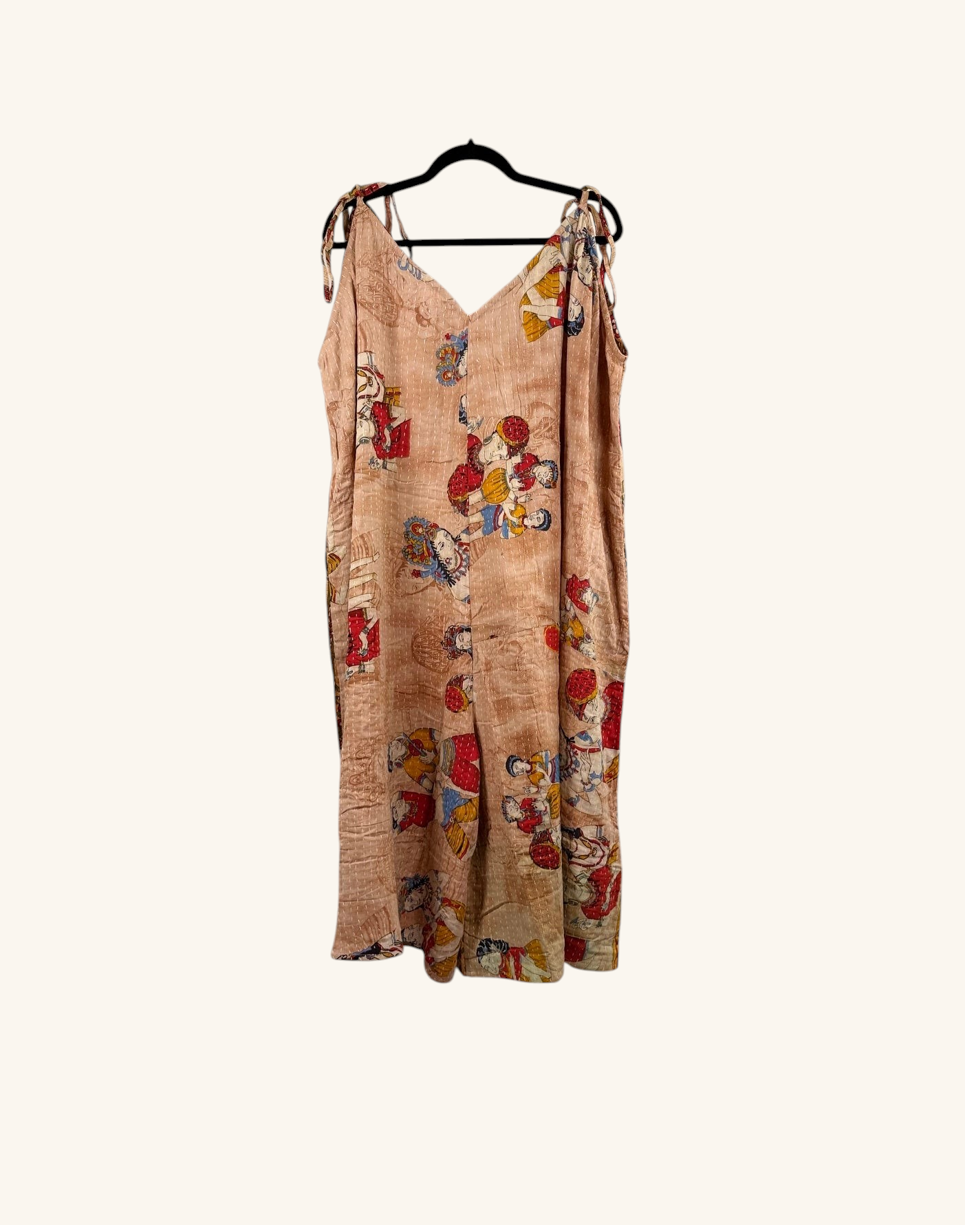 She Lives Beauty Sacred Journey Kantha jumpsuit in vintage cotton with colourful folk art print and adjustable straps