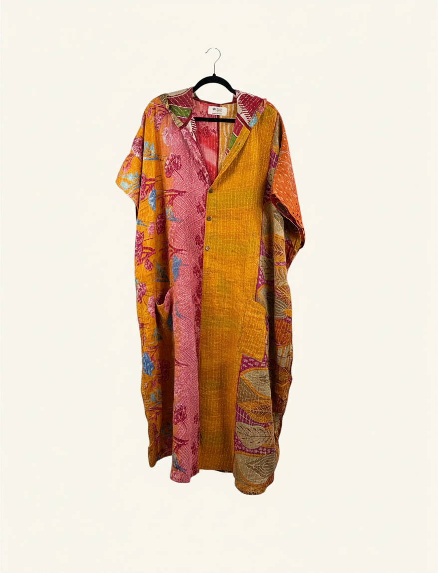 She Lives Beauty reversible petite dahlia jumpsuit made from colorful vintage kantha cotton saris with button front