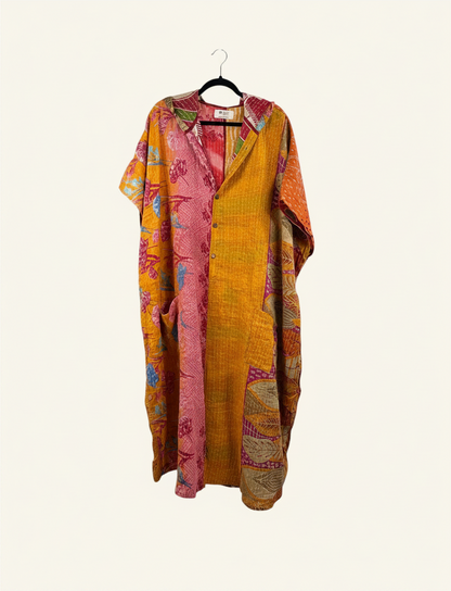 She Lives Beauty reversible petite dahlia jumpsuit made from colorful vintage kantha cotton saris with button front