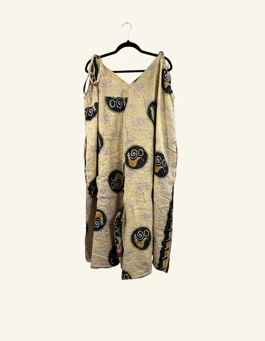 She Lives Beauty Sacred Journey Kantha jumpsuit in cream vintage cotton with black circular patterns and side pockets