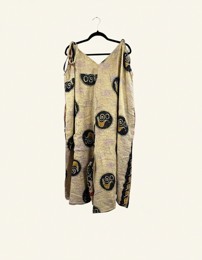 She Lives Beauty Sacred Journey Kantha jumpsuit in cream vintage cotton with black circular patterns and side pockets