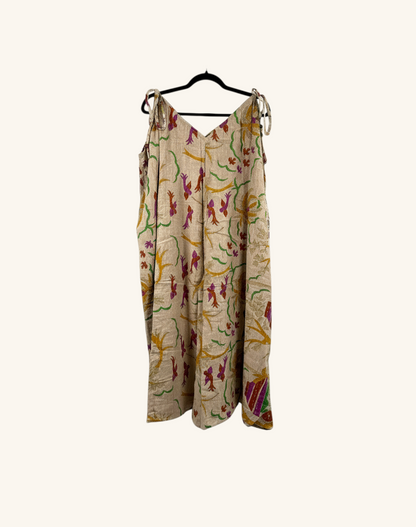 She Lives Beauty Sacred Journey Kantha jumpsuit in vintage cotton with colorful floral embroidery and tie straps