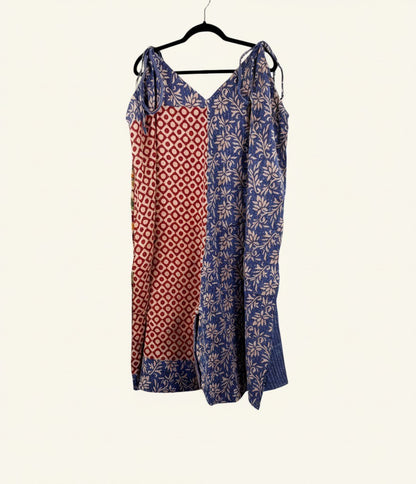 She Lives Beauty Sacred Journey Kantha jumpsuit in vintage cotton with blue and red floral and geometric patterns.