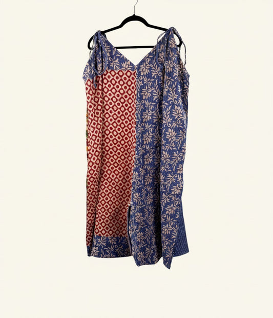 She Lives Beauty Sacred Journey Kantha jumpsuit in vintage cotton with blue and red floral and geometric patterns.