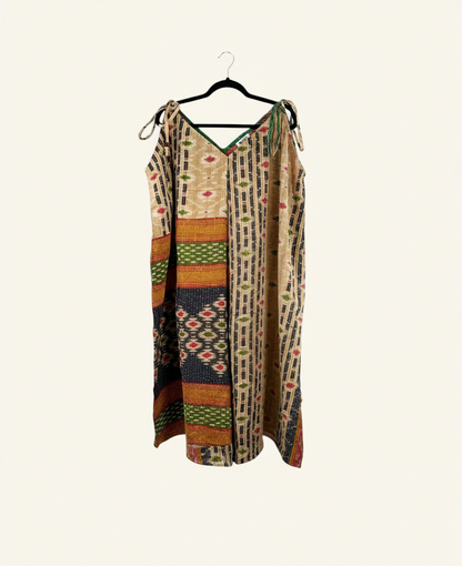 She Lives Beauty Sacred Journey Kantha jumpsuit in vintage cotton with multi-colored geometric patterns and tie straps