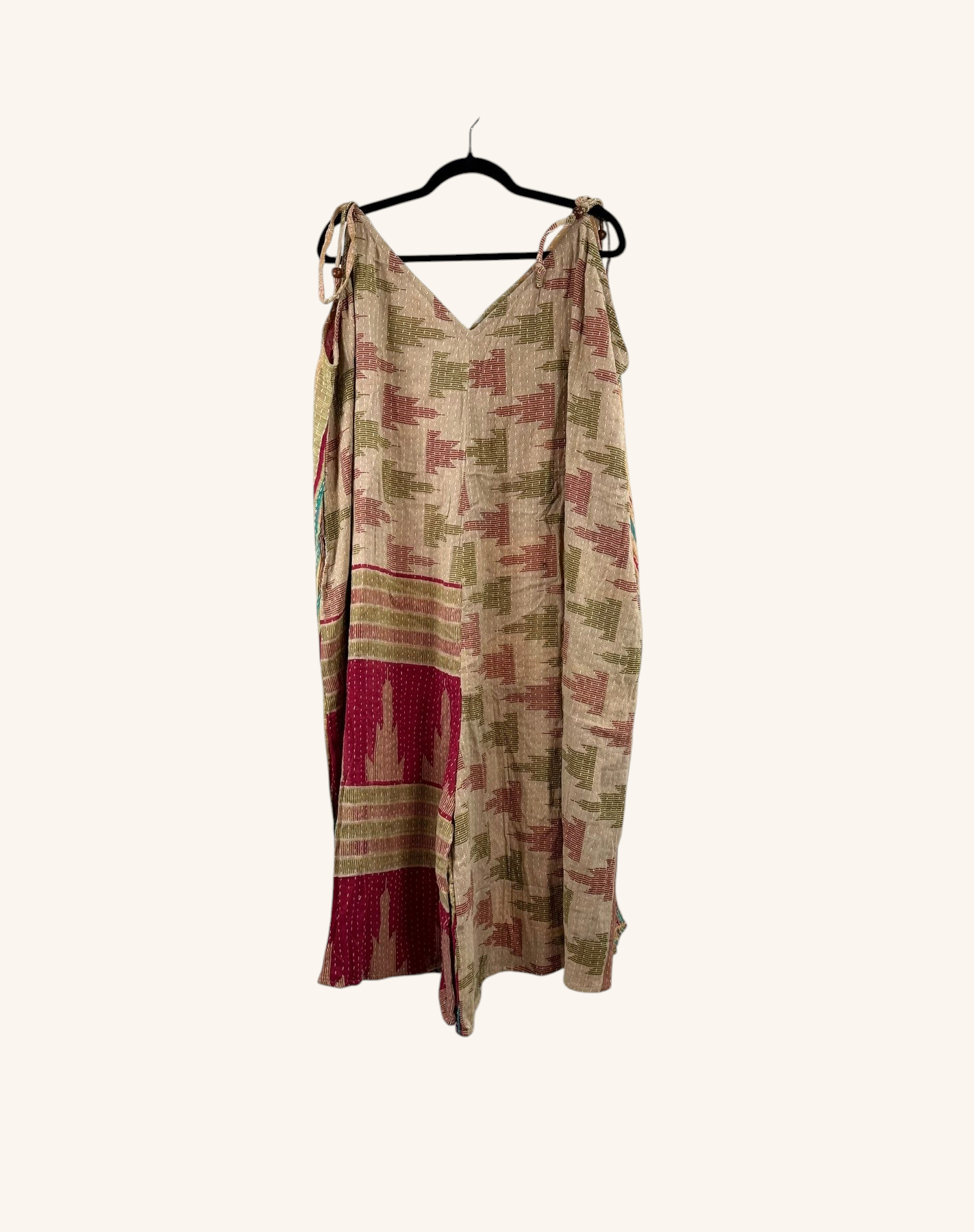 She Lives Beauty Sacred Journey Kantha jumpsuit in vintage cotton with geometric patterns and adjustable tie straps