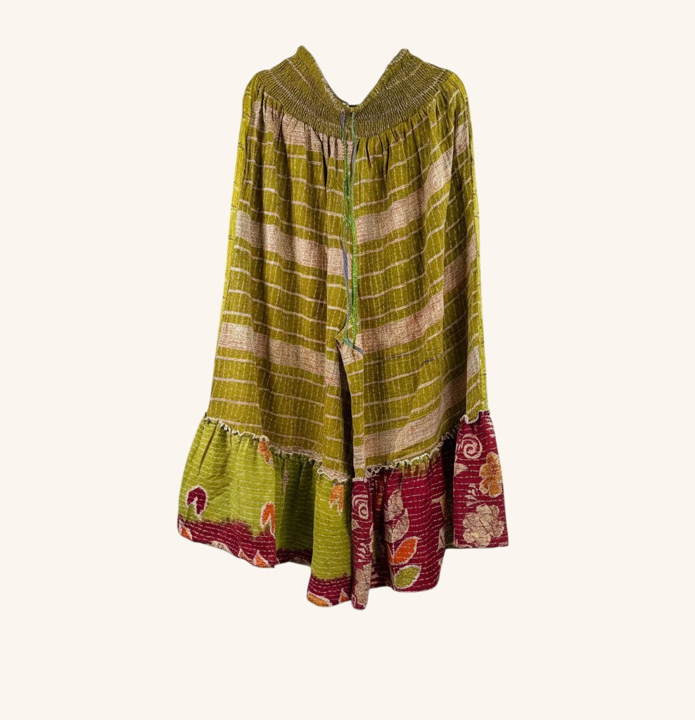 She Lives Beauty Anything for Selenas pants in olive green and red vintage Kantha cotton with an oversized ruffle hem.