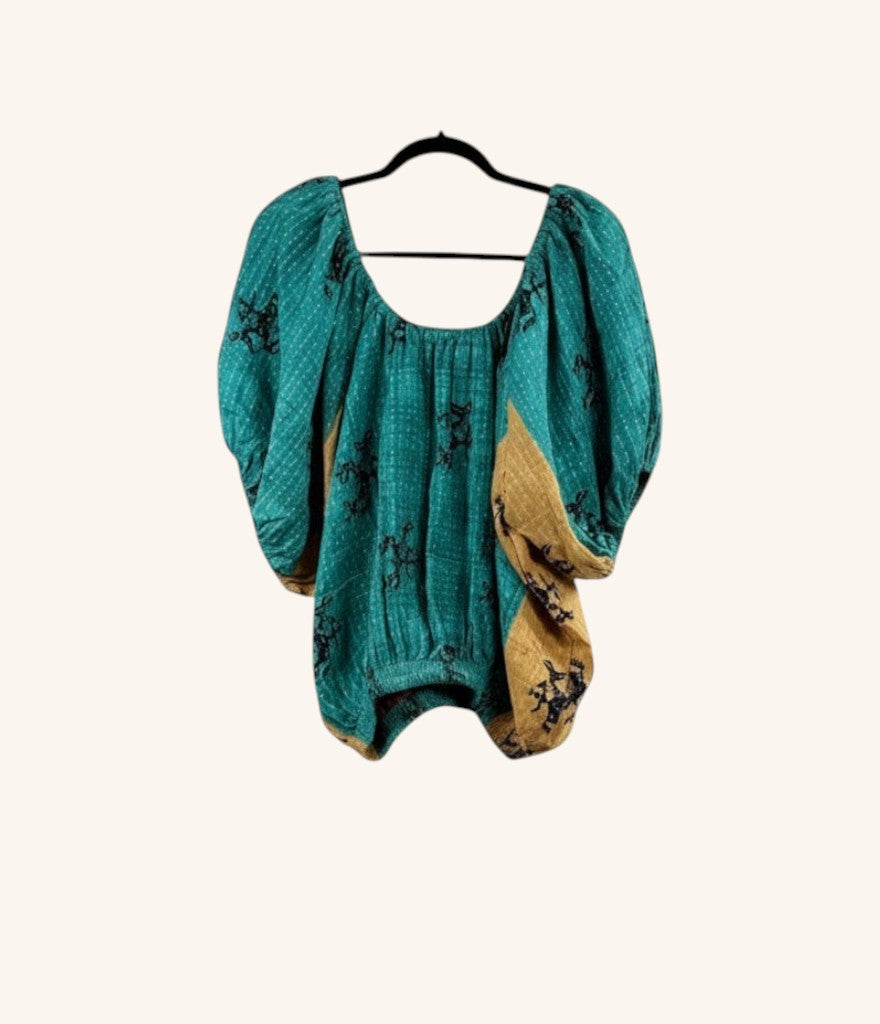 She Lives Beauty Wildflower Bloom Kantha top in teal and mustard vintage cotton with short bubble sleeves