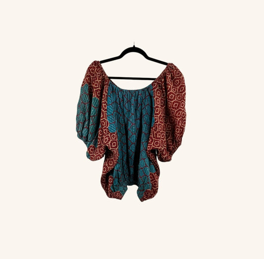 She Lives Beauty Wildflower Bloom Kantha top in red and teal vintage cotton with bohemian bubble sleeves