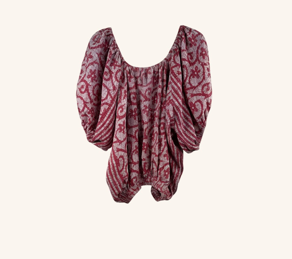 She Lives Beauty Wildflower Bloom Kantha top in red and white vintage cotton with bohemian bubble sleeves