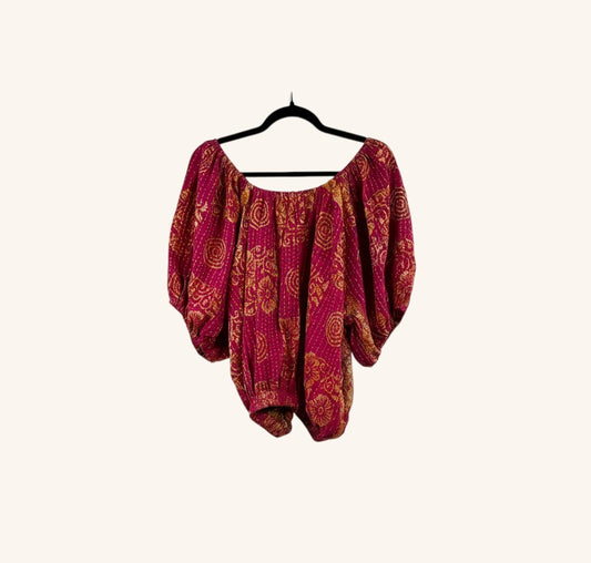She Lives Beauty Wildflower Bloom Kantha top in magenta and gold vintage cotton with bubble sleeves on a hanger