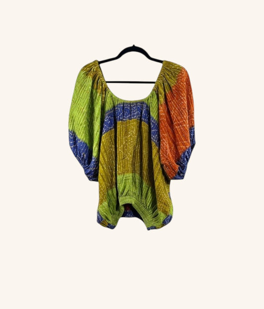 She Lives Beauty Wildflower Bloom Kantha top in multicolored vintage cotton with bubble sleeves and bohemian stitching.
